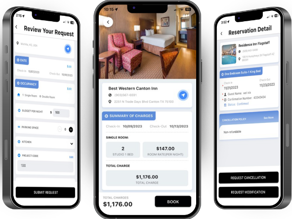Three phones displaying Lodging IQ's reservation process.